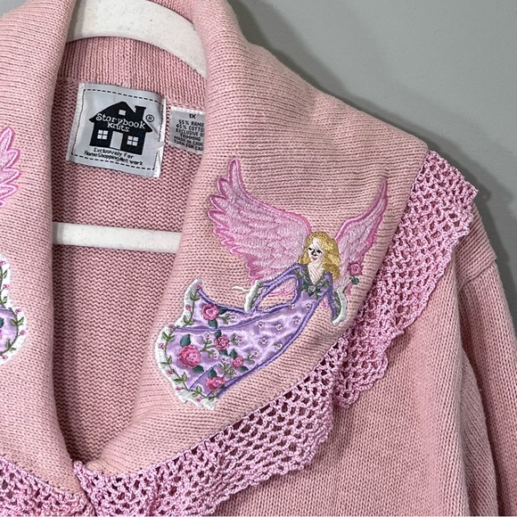 Storybook Knits pink peter pan collar embroidered fairy button front sweater 1X - Picture 4 of 8